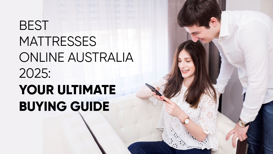 Smiling couple comparing mattresses on a phone while sitting on a white sofa in a cozy room