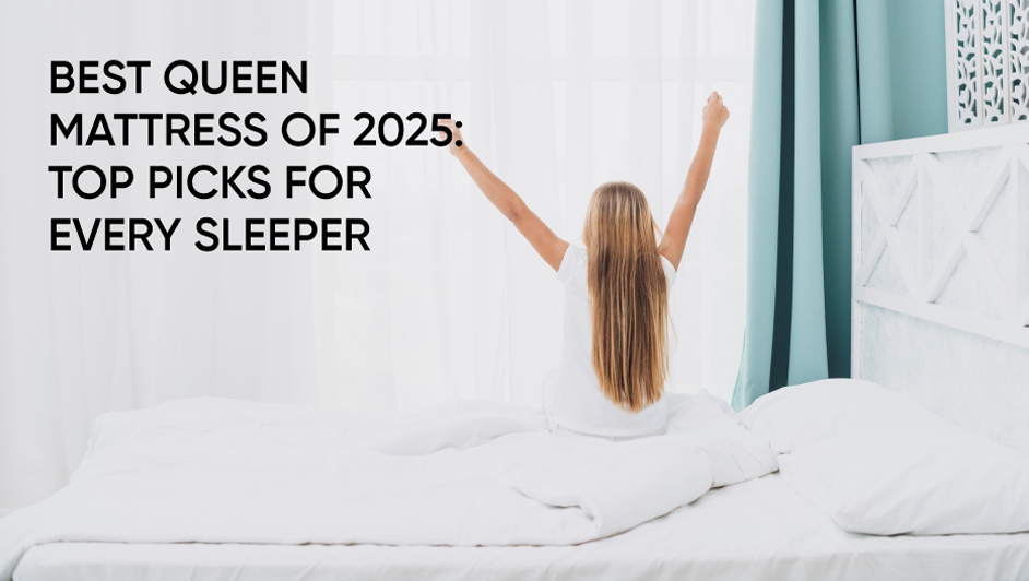 Woman stretching in bed after waking up, highlighting comfort of a queen mattress in a bright bedroom