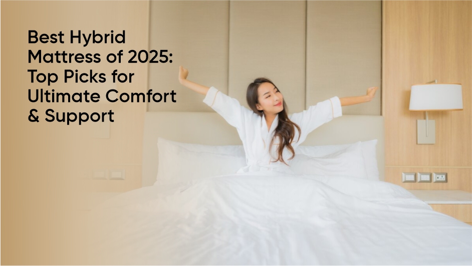Woman stretching on comfortable hybrid mattress in modern bedroom